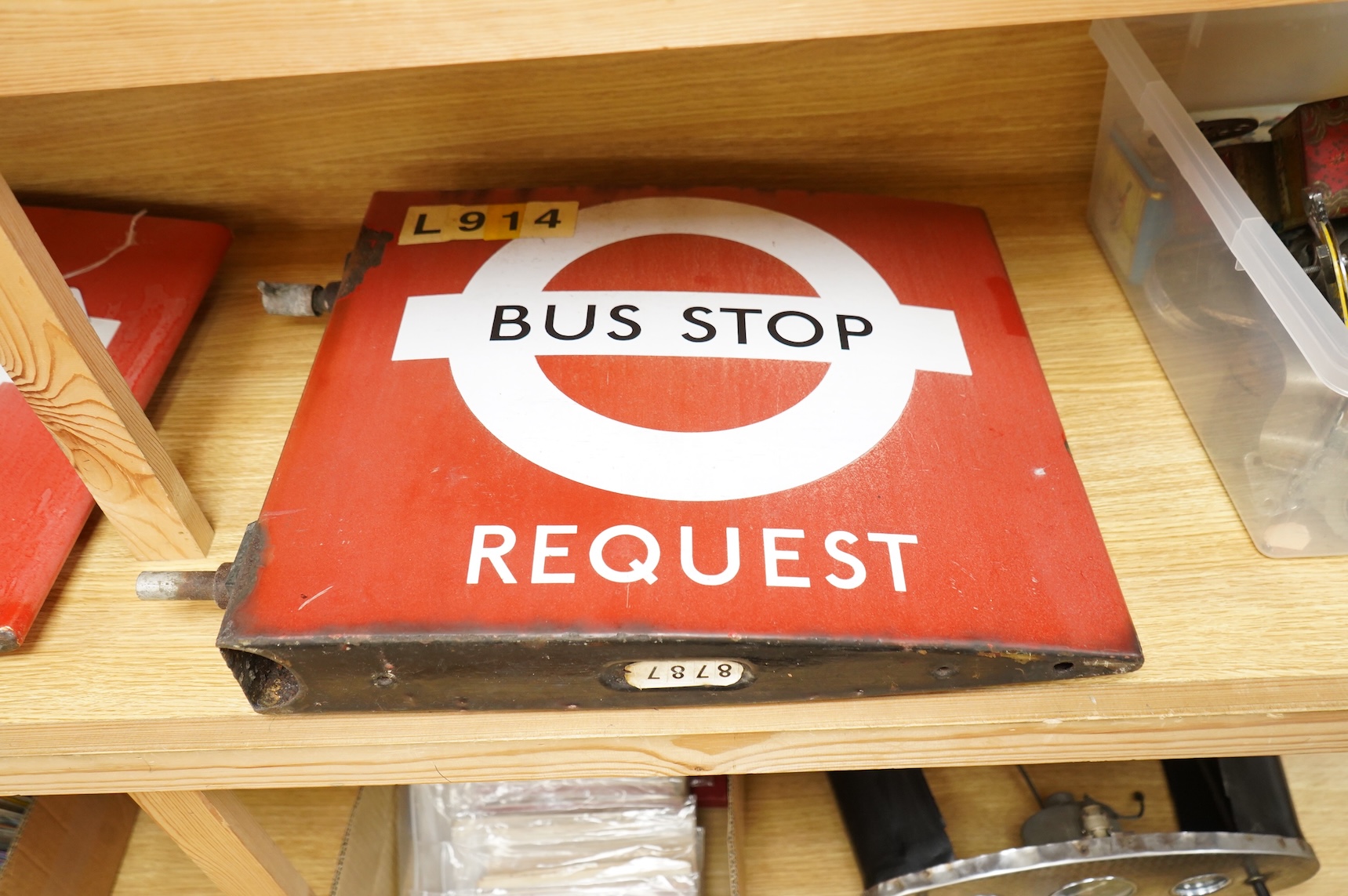 A London Transport double sided enamel Bus Stop Request sign, with applied stickers to both sides reading; ‘L914’, applied serial number underneath; 8787